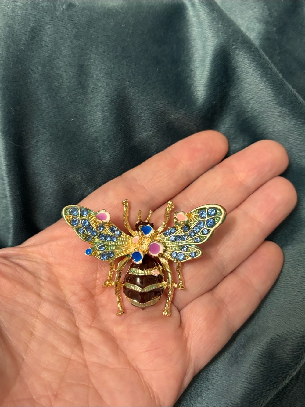 Gold-Tone Multicolor Bee Brooch with Blue and Pink Accents